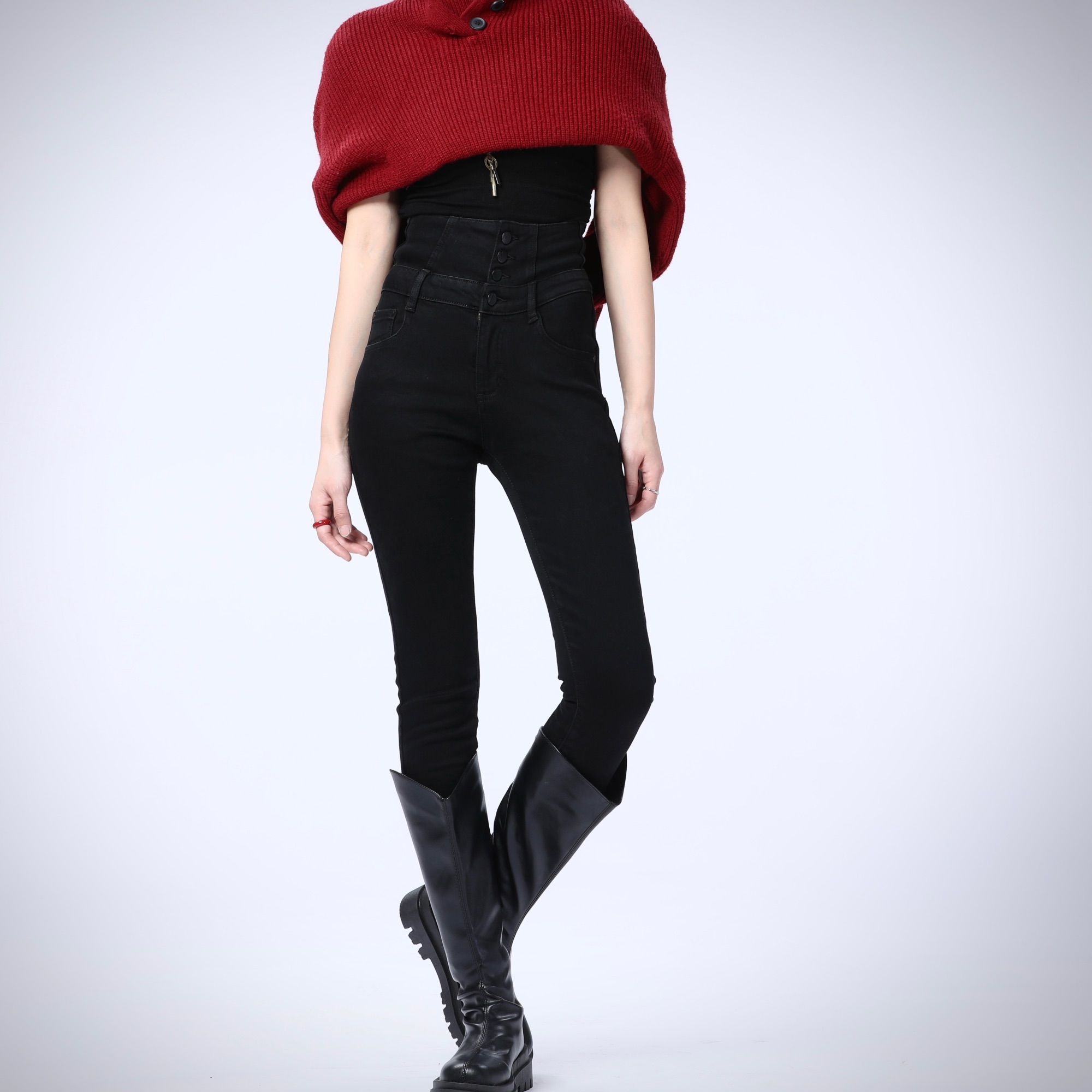 BXZ812澳琪森2025新款抓绒高腰弹力紧身高端小脚收腹牛仔裤提臀瘦