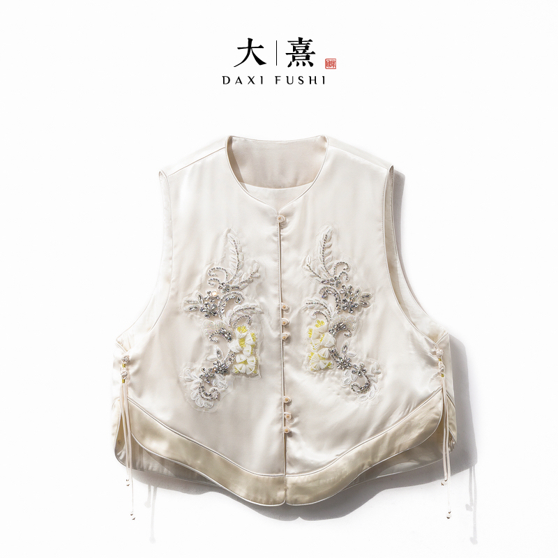 【白浅】冬季2025新款新中式马夹女式加棉加厚宽松国风钉珠显瘦马甲