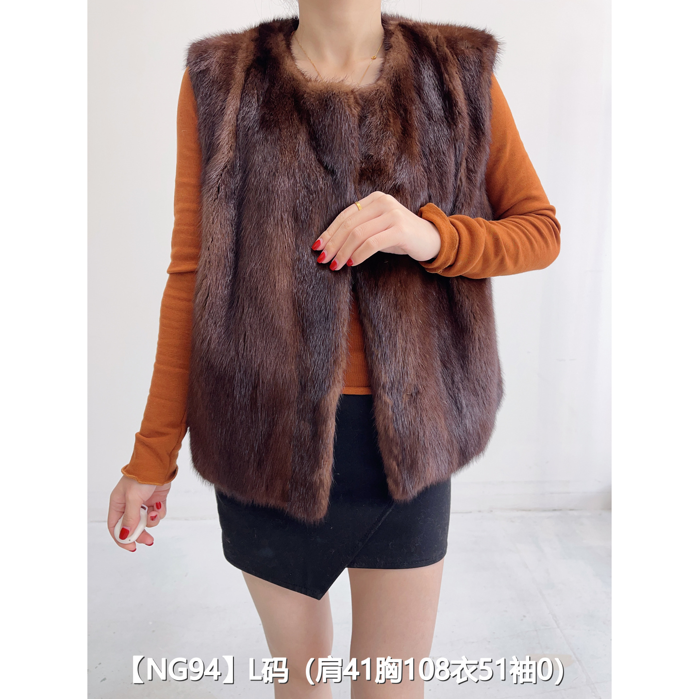 【NG94】L 焦糖棕超短款整皮貂皮水貂大衣女 翻立领马甲 07094