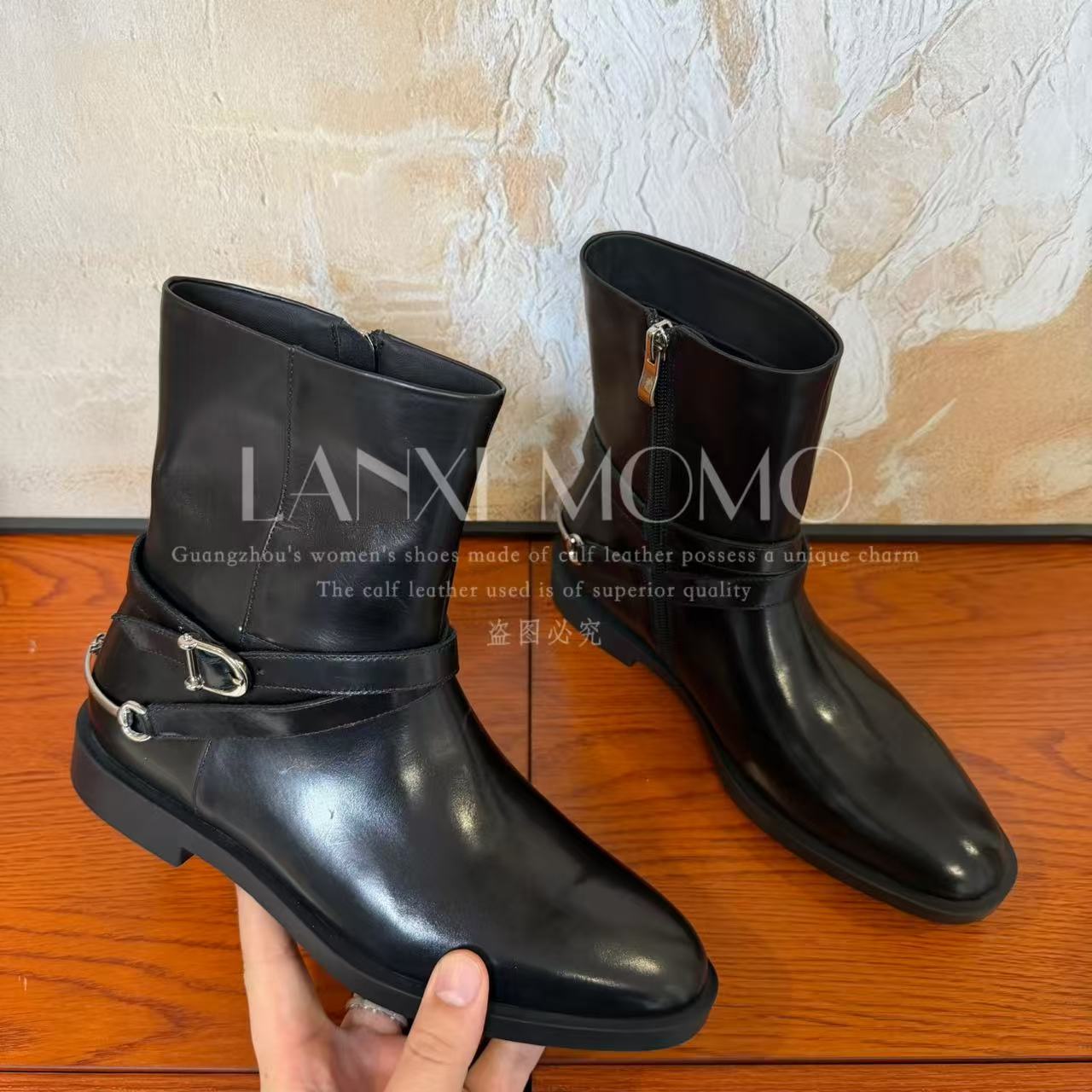 【若希】时尚百搭黑色真皮粗跟英伦秋冬短靴25XZ828LX