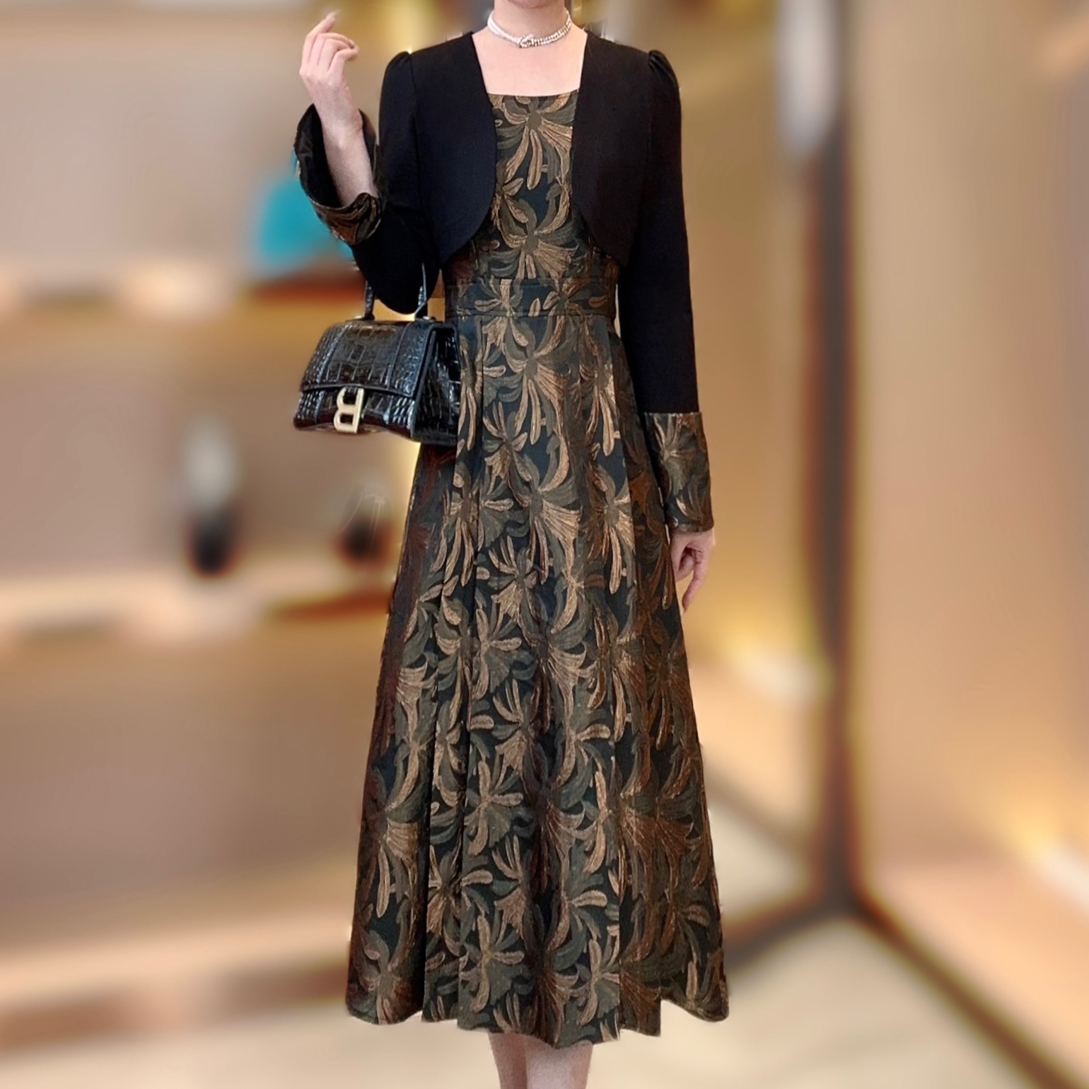 【82582】原创枫叶提花假两件连衣裙女气质优雅轻奢女装-82582佩