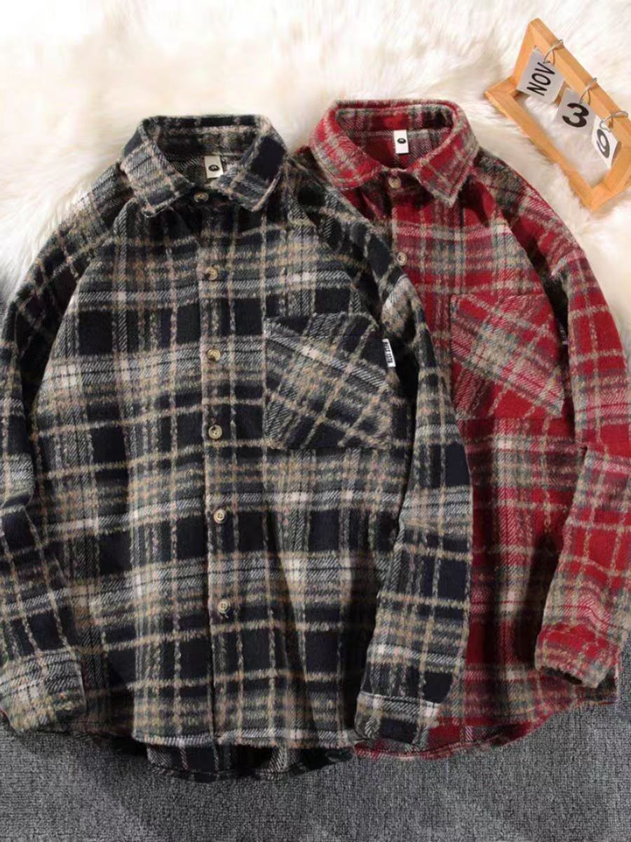 6587百搭长袖格子男保暖复古翻领男士长袖衬衫格子衬衫