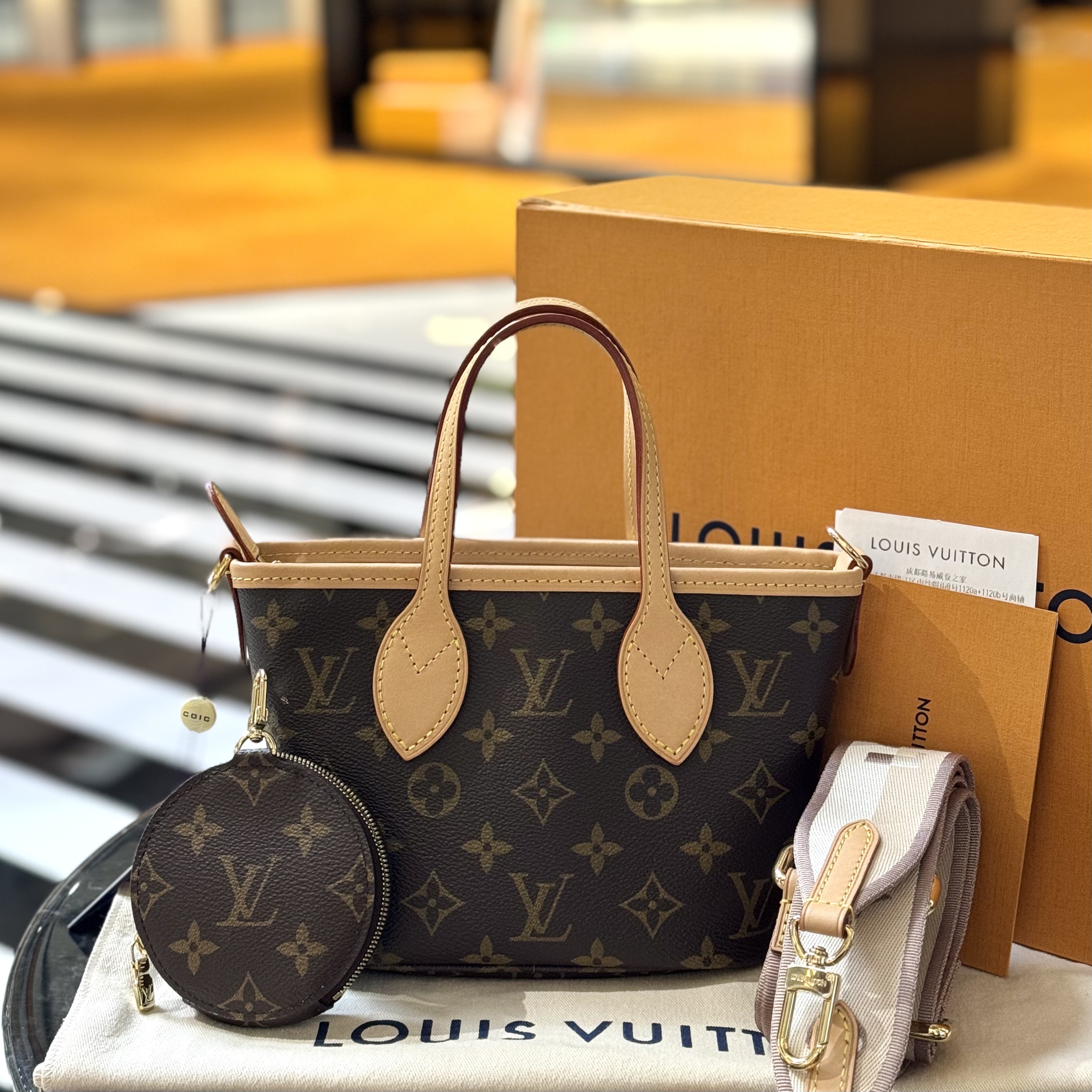 99新 LouisVuitton/路易威登 老花Neverfull bb奶茶肩带 芯片
