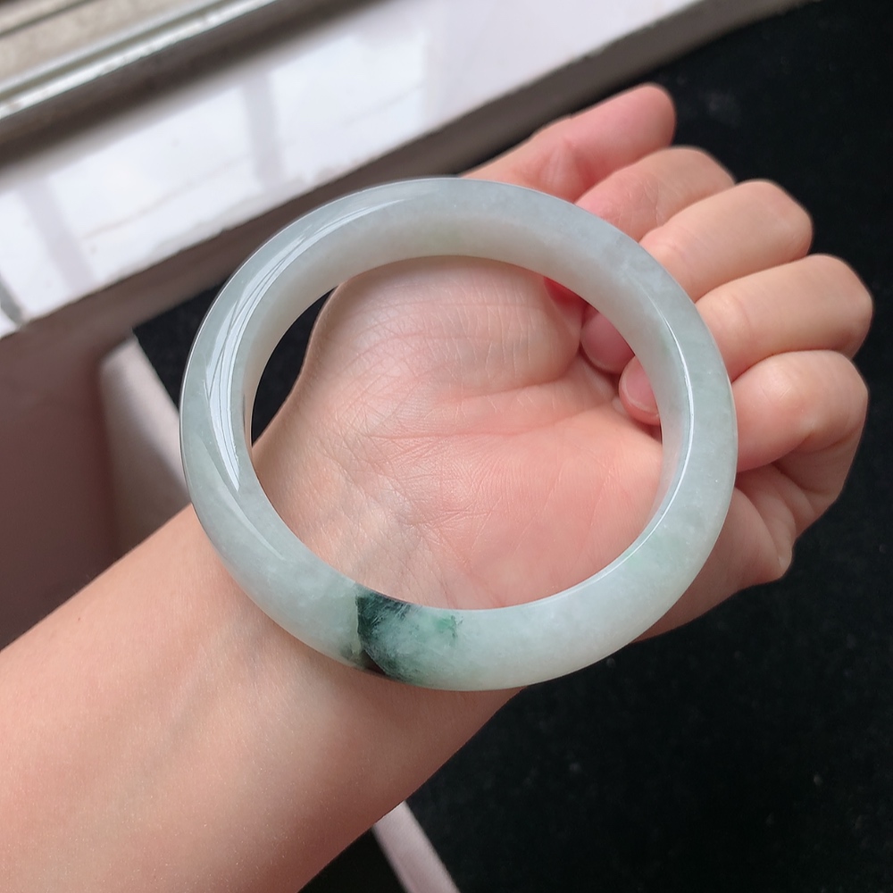 1603号 缅甸天然A货翡翠59大圈口飘花宽边正装手镯