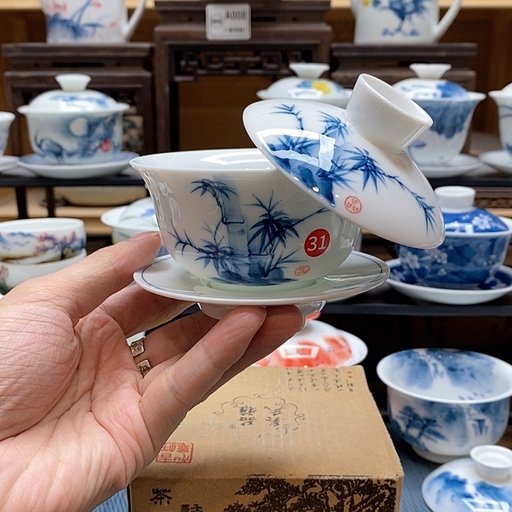手绘竹子悬停盖碗150cc釉下彩微瑕福利款
