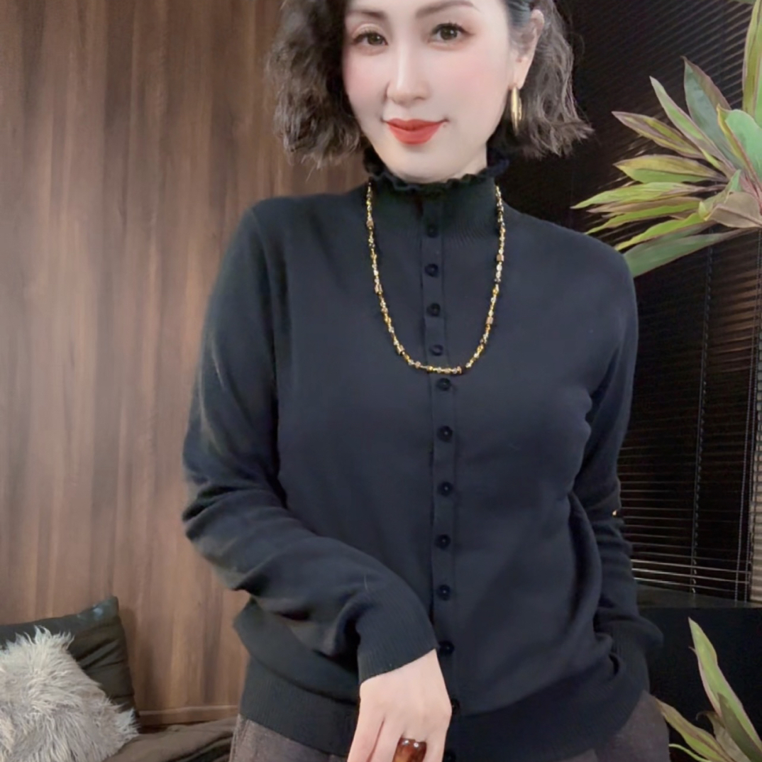 秋冬超细羊毛洗针假开衫高领木耳边套头毛衣