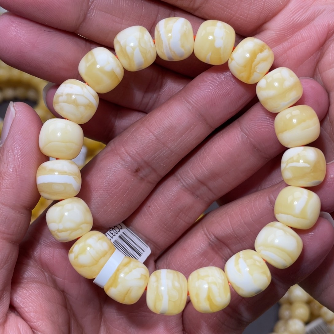 蜜蜡未镶嵌珠宝奇石12mm焦皮同料瓷白妖花老型手串19.73