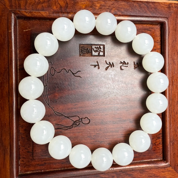 新疆和田玉白玉卡10圆珠女士手串男士手链百搭时尚圆润细腻高品质