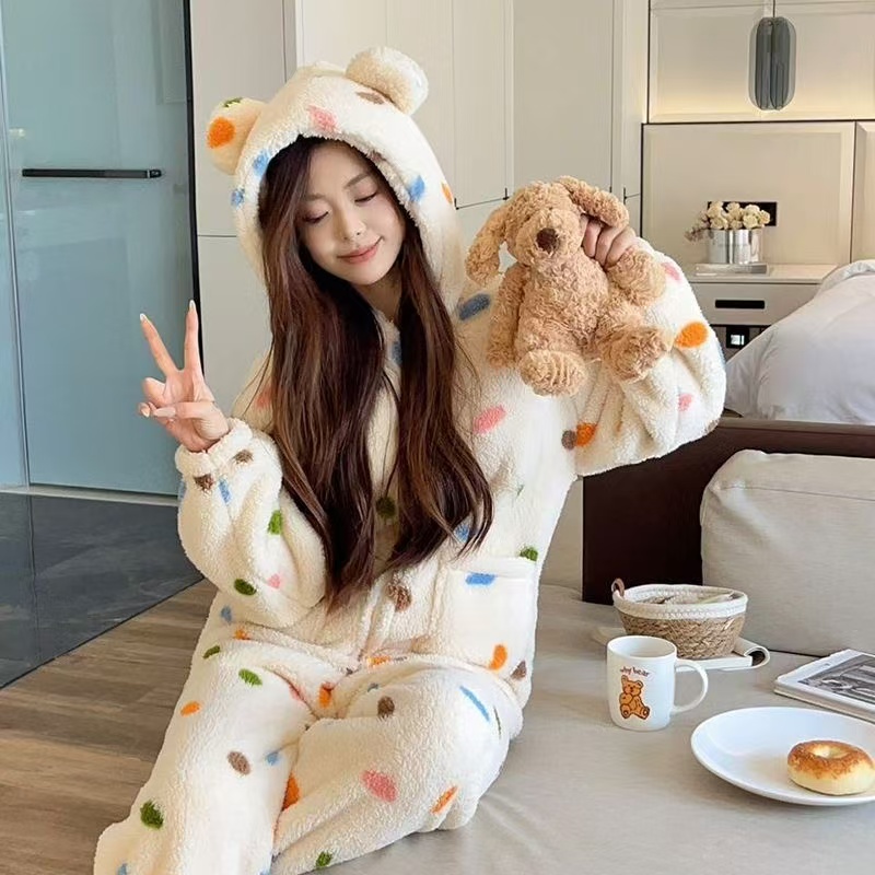 【彩色波点】2025冬季珊瑚绒连帽款睡衣套装家居服睡袍保暖7799