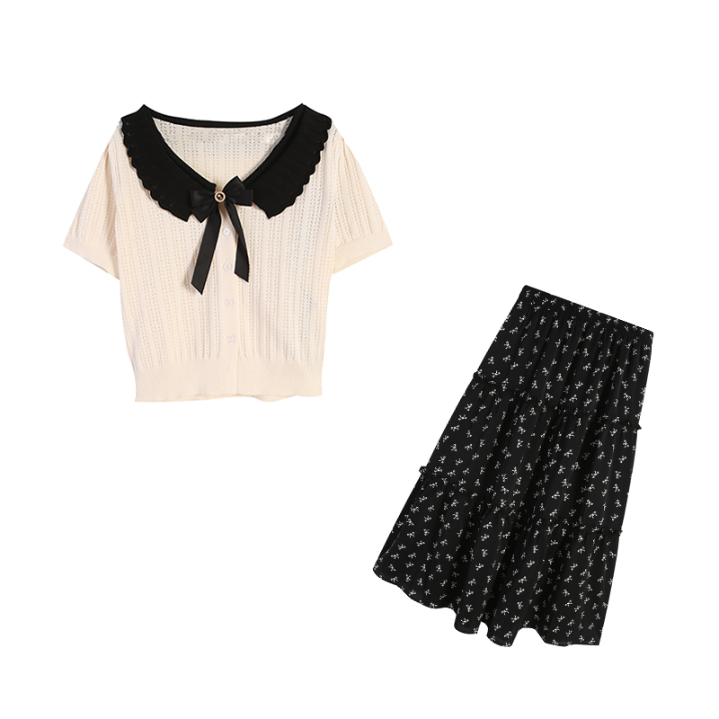 ZL110031杏色上衣+ZL109324黑色长半裙两件套