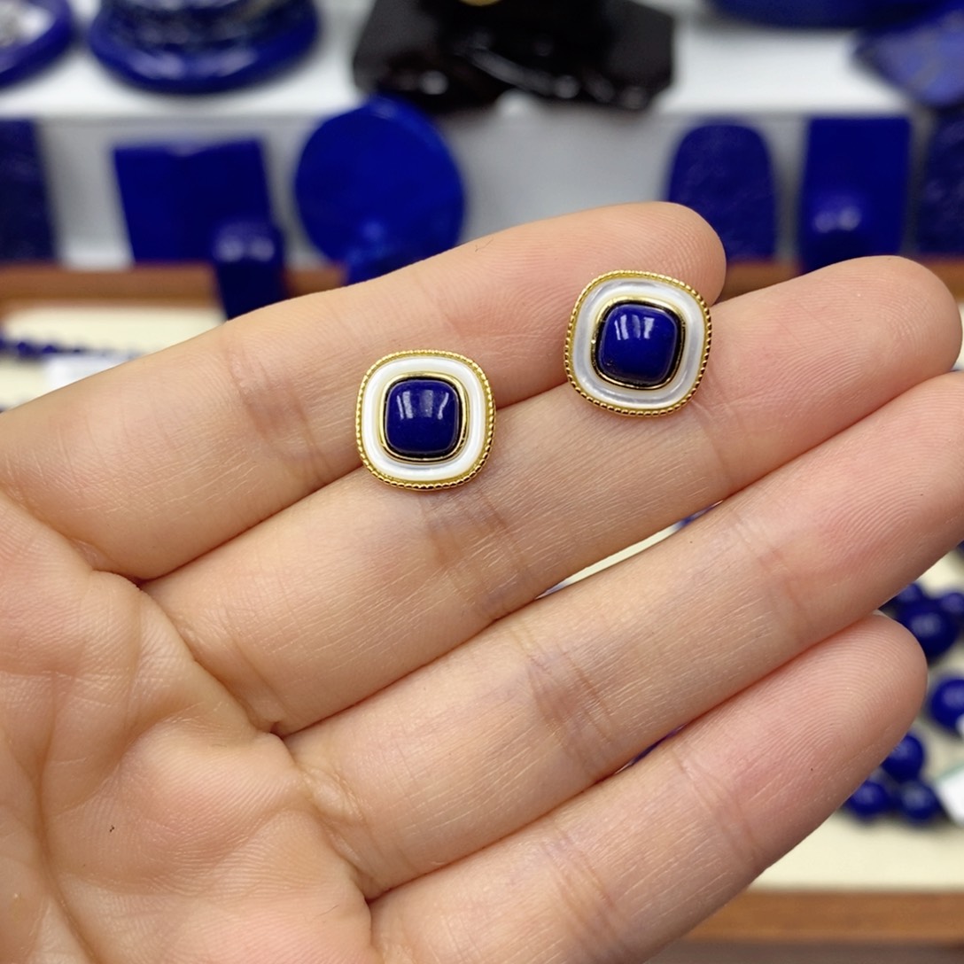 青金石耳饰银S925镀金镶嵌