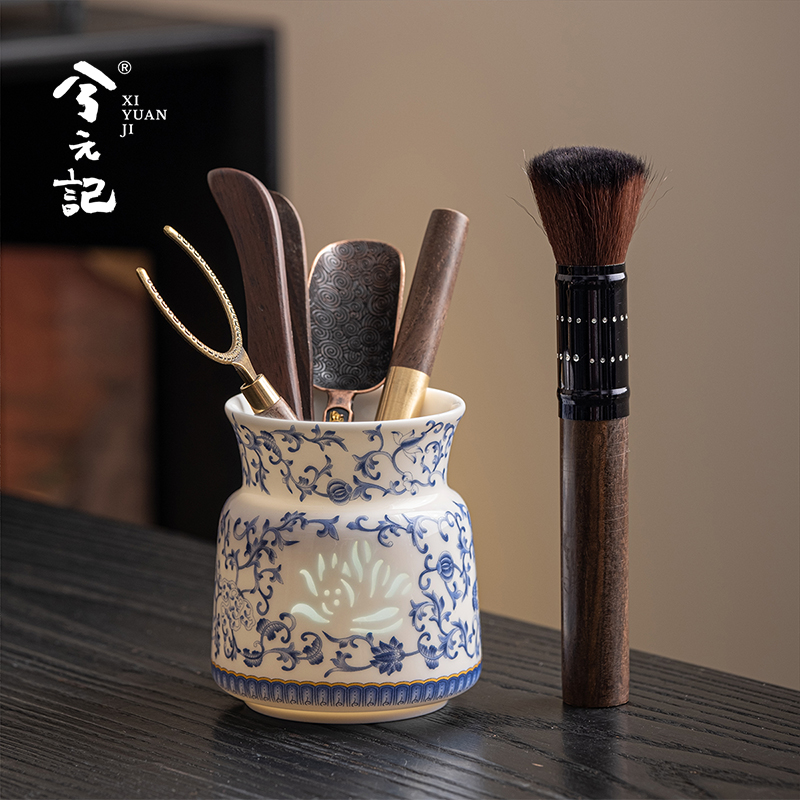 青花玉瓷玲珑茶道筒六君子茶则茶夹茶勺整套收纳筒家用茶具配件