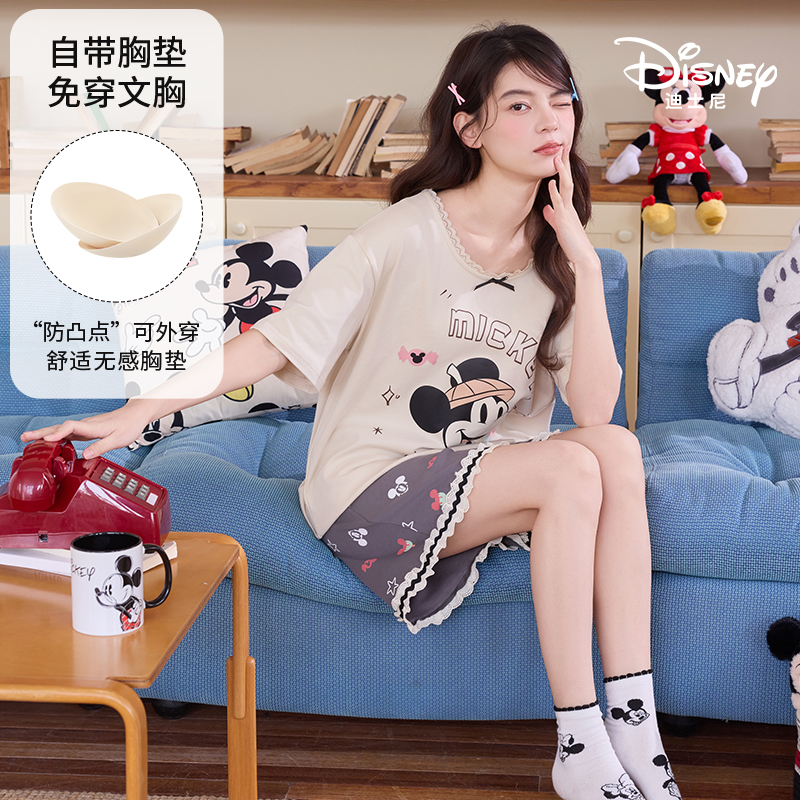 Disney/迪士尼夏季新款纯棉短袖短裤带胸垫卡通动漫家居服0334