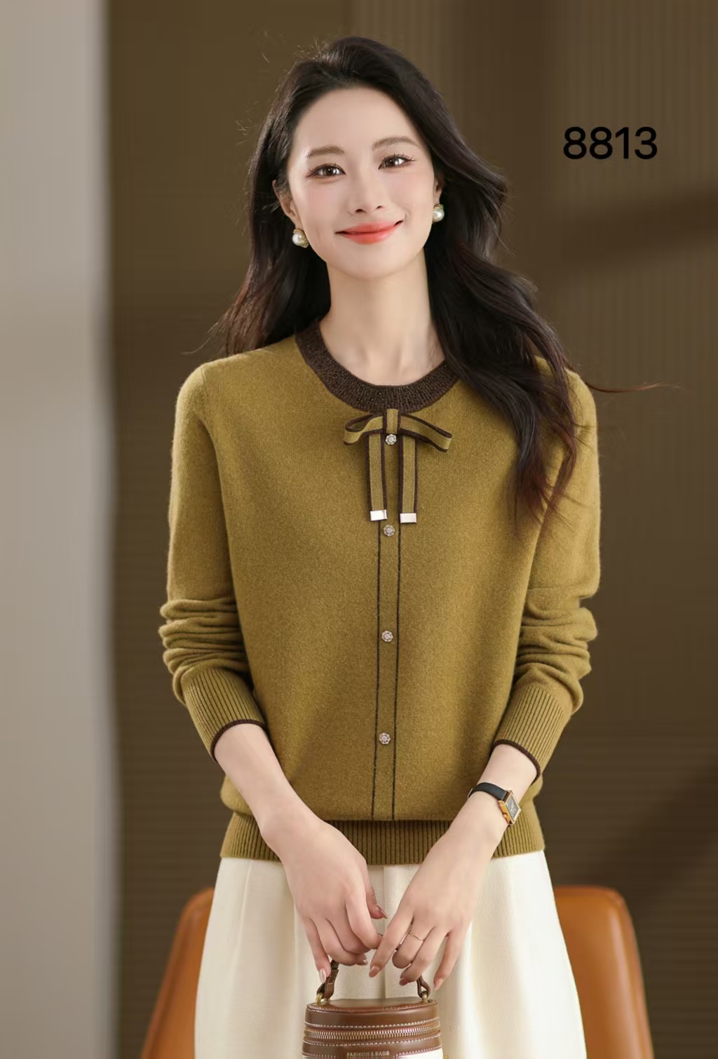 黛妍8813秋冬新款100%羊毛洋气蝴蝶结小飘带桐乡毛衣女款2025新款
