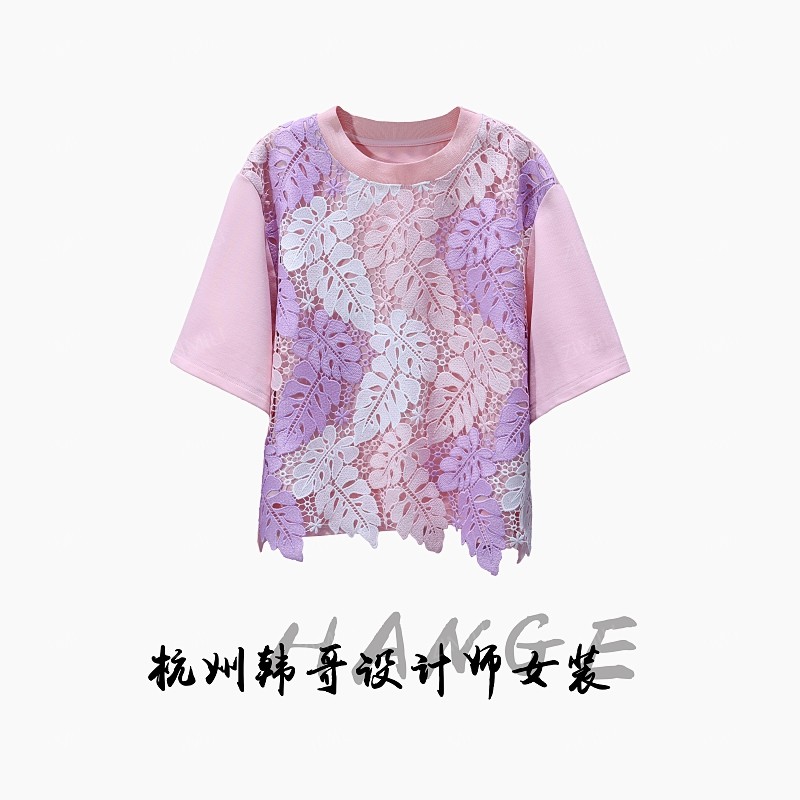 【韩哥女装】2025欧版时装小众设计师周粉色叶片镂空休闲T恤8071