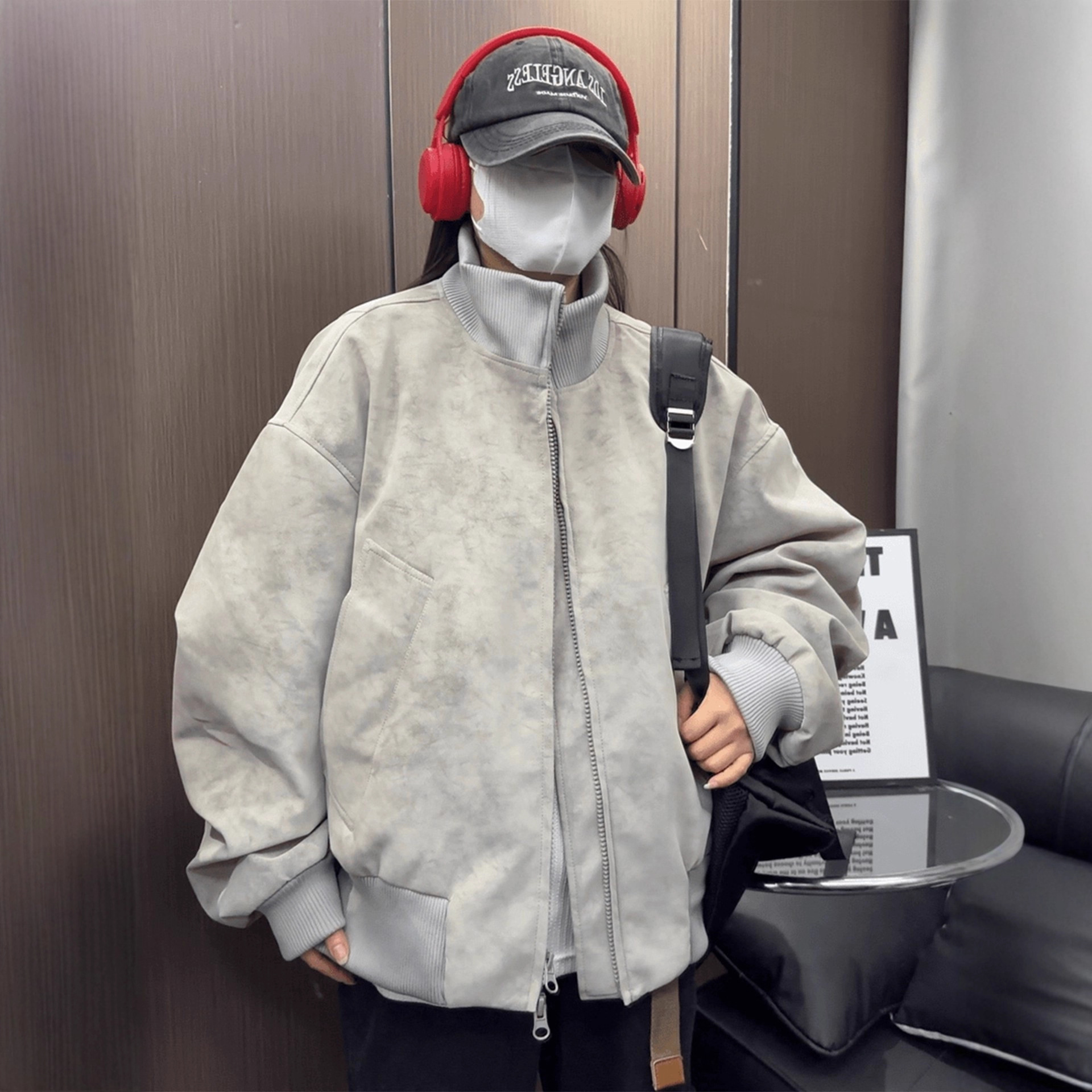 潮牌高街皮衣冬季男款朋克扎染做旧加厚宽松立领PU皮外套高级夹克