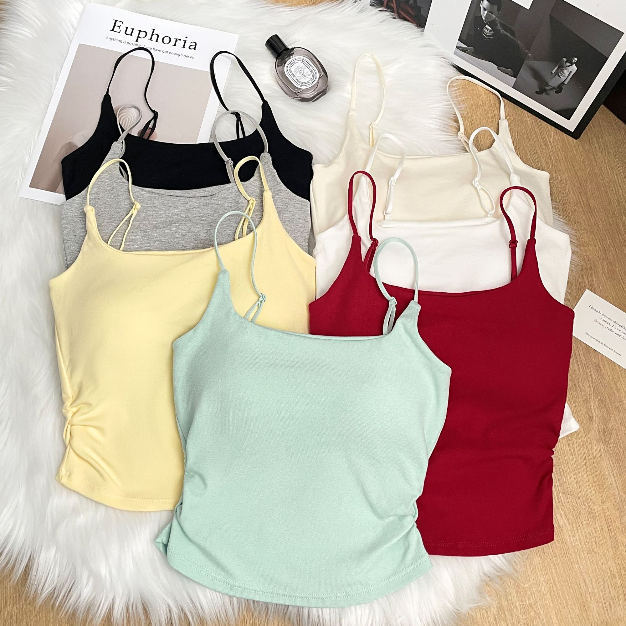 新款纯欲甜辣设计感褶皱吊带背心女外穿内搭带胸垫修身美背上衣夏