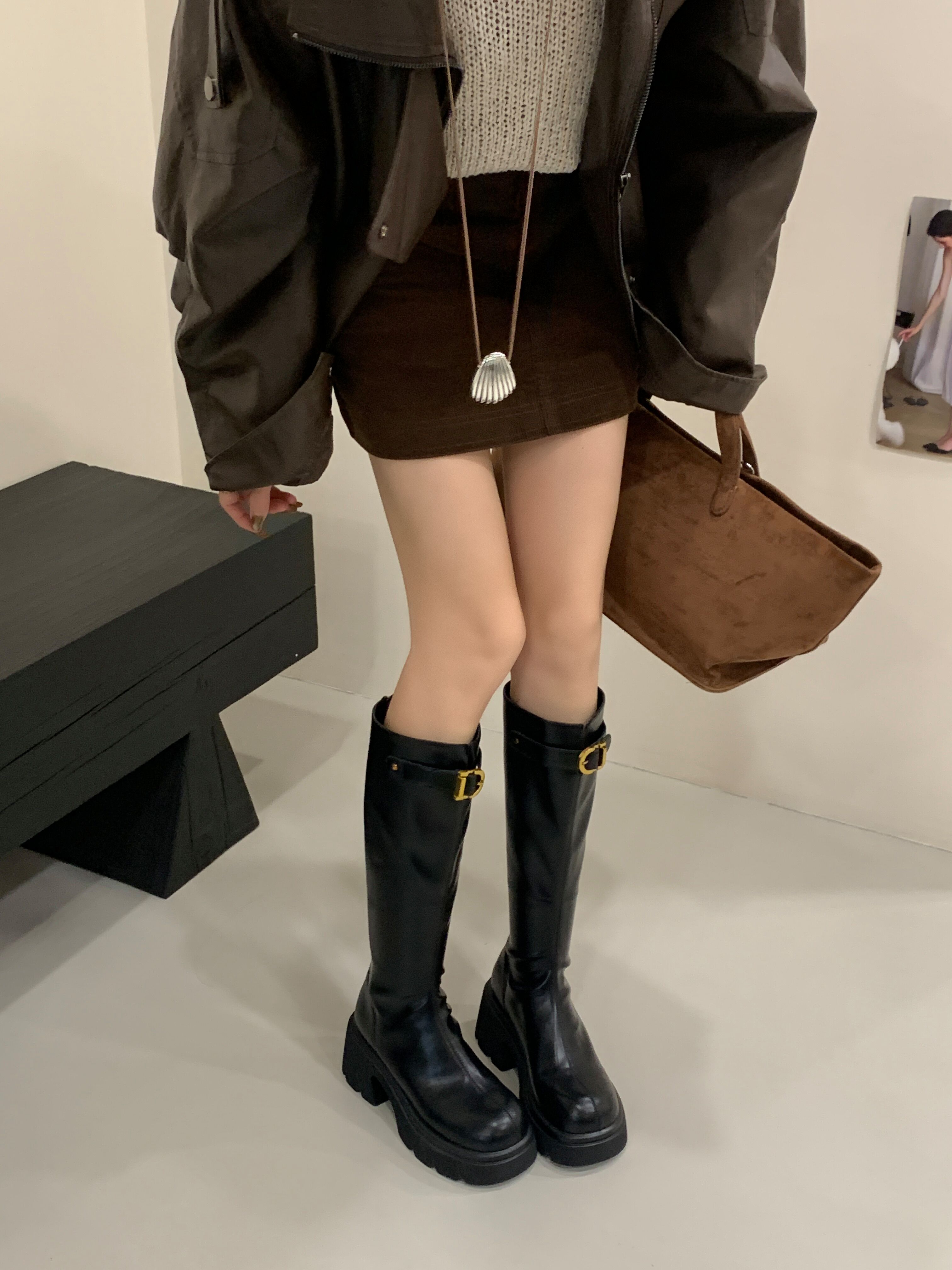 时装靴时尚瘦瘦靴中筒女靴秋冬小个子马丁靴厚底过膝