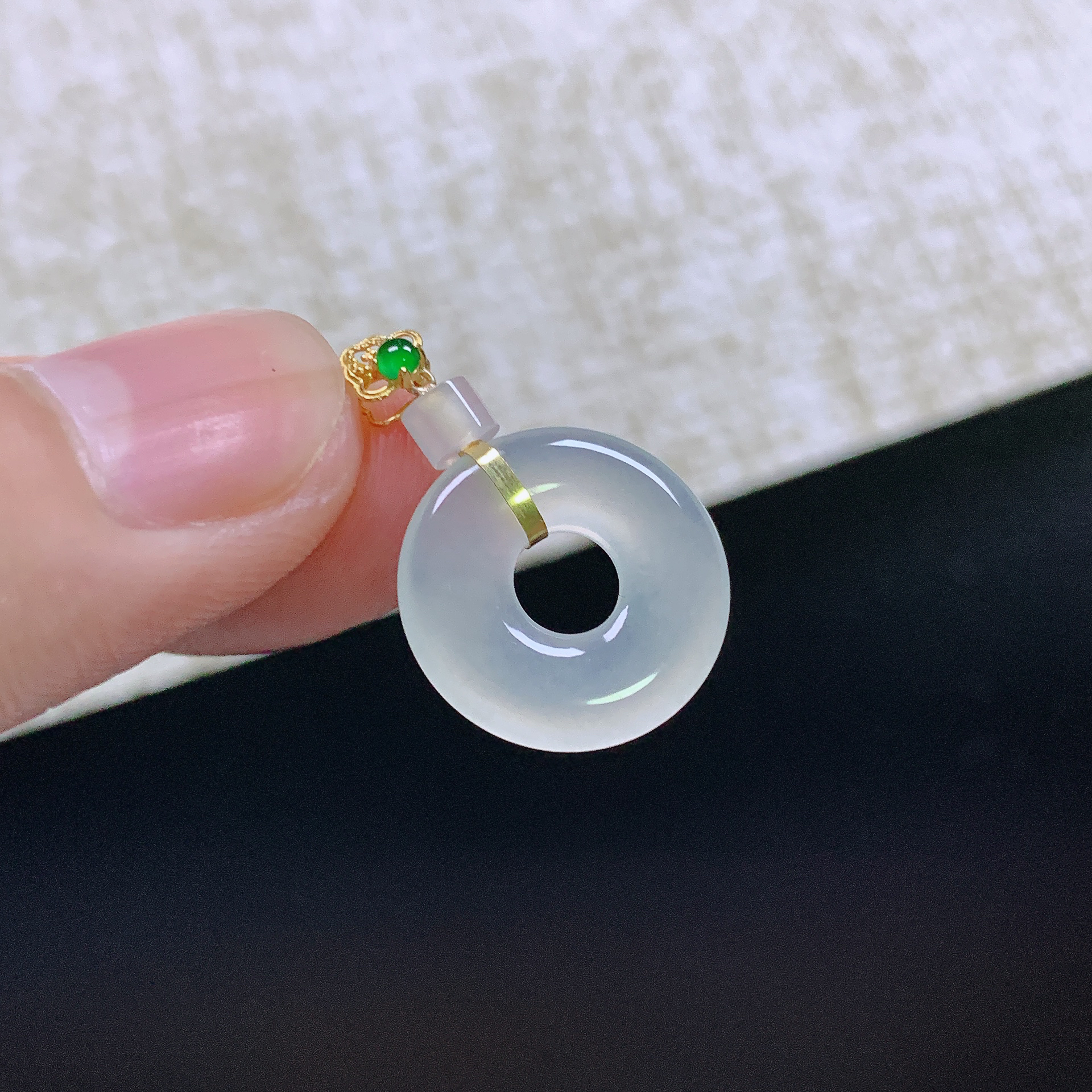缅甸天然A货翡翠18k金镶嵌冰种甜甜圈平安扣吊坠23.8x15.5x2.8