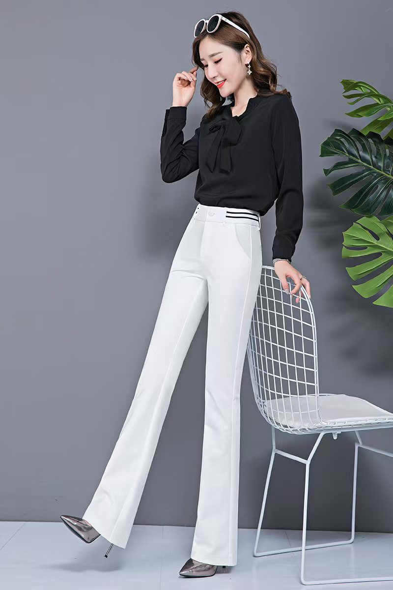 20132白色微喇休闲裤女夏季薄款高腰显瘦弹力西装马蹄喇叭裤子