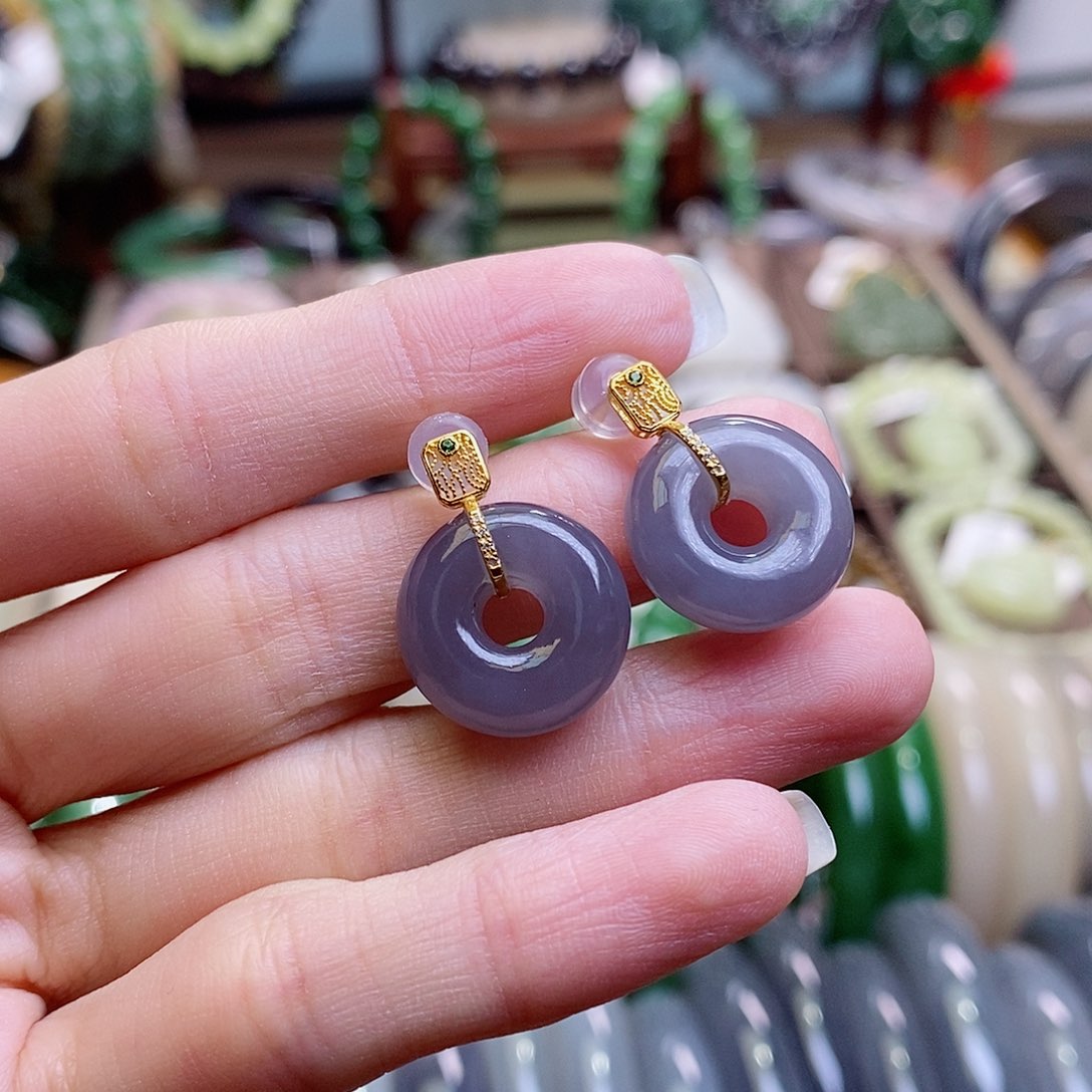 和田玉未镶嵌颈饰高冰浓烟紫金镶甜甜圈耳钉