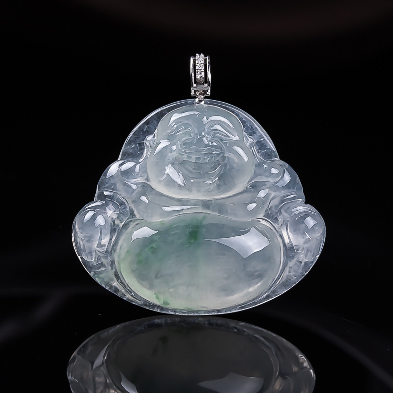 天然缅甸翡翠A货18k金冰飘花佛公 尺寸23-27.6-6.2mm