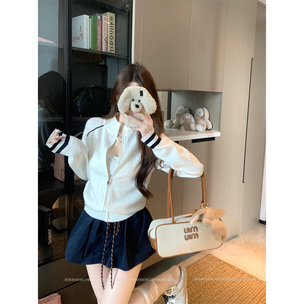 高级感拉链针织开衫外套女秋季2025新款宽松减龄立领撞色休闲上衣