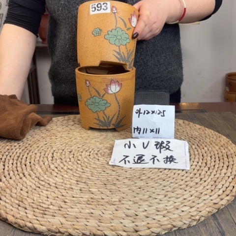 紫砂花盆微瑕柴烧手绘直筒两只593