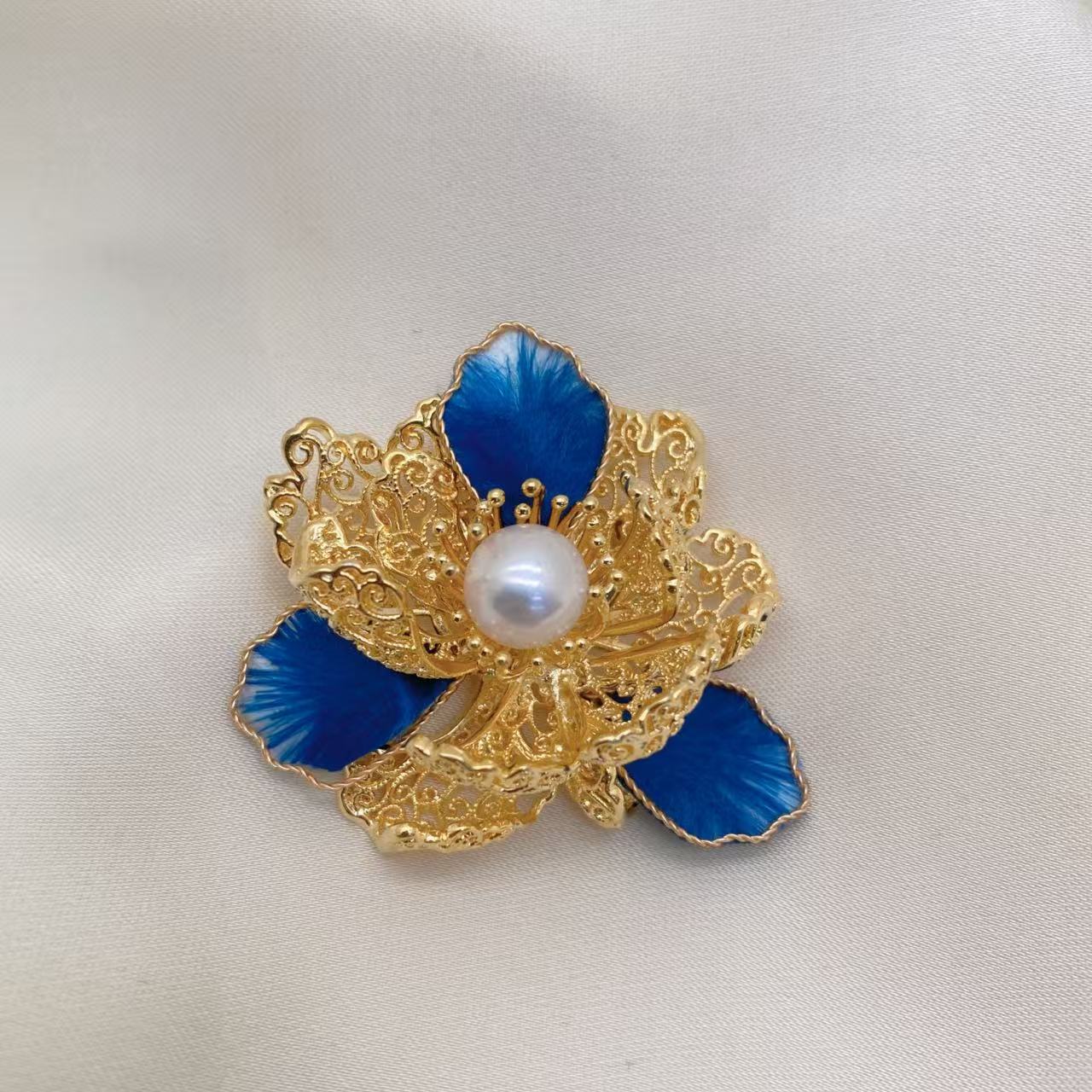 LH035【非遗！凤穿牡丹珍珠胸针】绒花手工气质蓝色轻奢时尚百搭复古