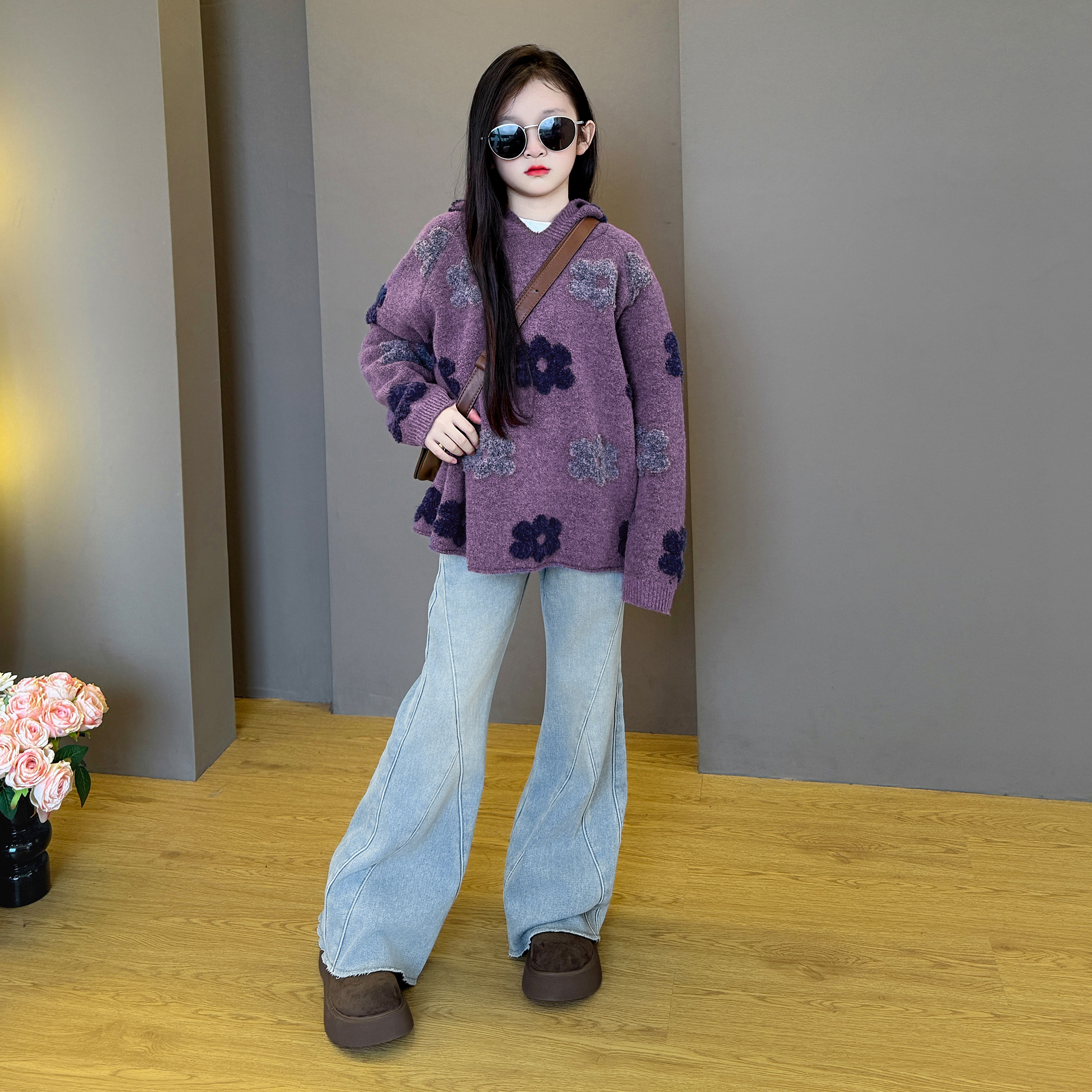 女童2025新款韩系时尚休闲日常穿搭甜美毛衣加绒牛仔喇叭裤套装潮