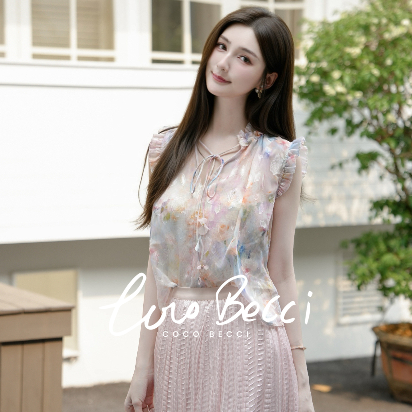 COCO BECCI【花仙子小衫】油画晕染印花飞袖V领显瘦小衫CGCLB112025