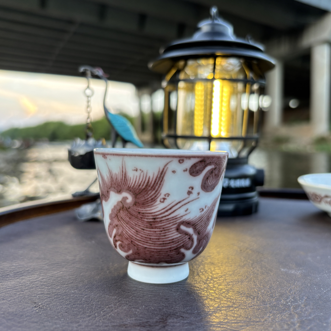 幽蓝溪堂景德镇陶瓷手工手绘仿元釉里红海浪纹铃铛杯茶杯茶具