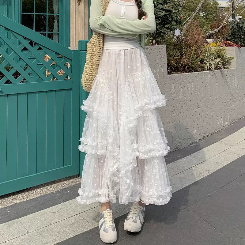 901—950白色蕾丝高腰A字半身裙女春秋甜美公主蓬蓬蛋糕裙