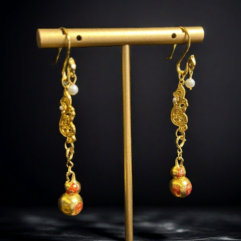 925银耳饰 凤衔宝葫芦s925银耳坠复古古法镶嵌耳勾