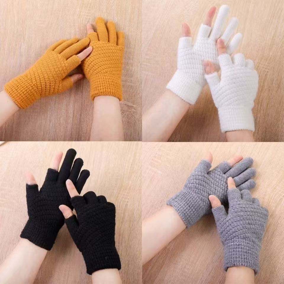 男女通用冬季保暖加绒加厚半指毛线触屏露两指写字防寒手套