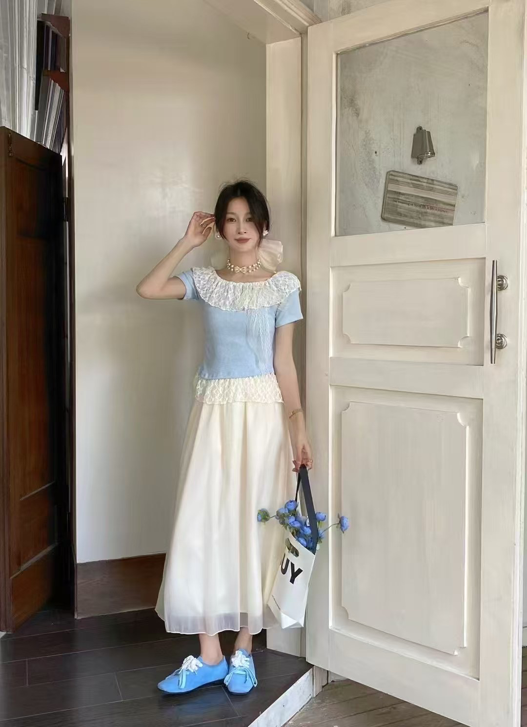 羊小姐家 蕾丝短袖上衣仙系半身裙套装