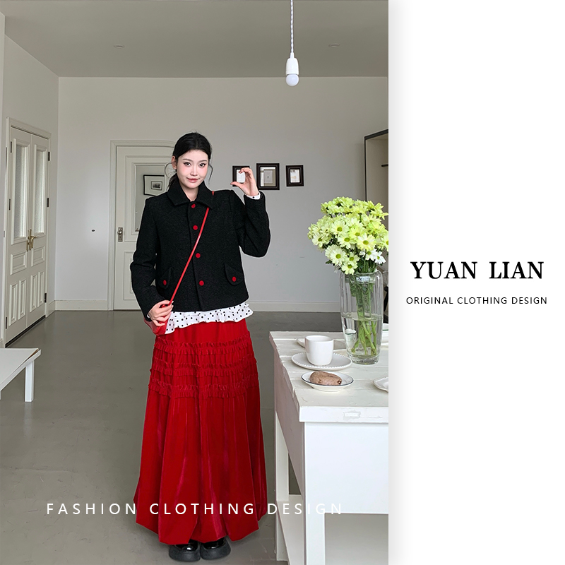 ZOZ糕冷圆脸[节日礼物半裙]圣诞红色褶皱半裙冬款氛围感A字半身裙