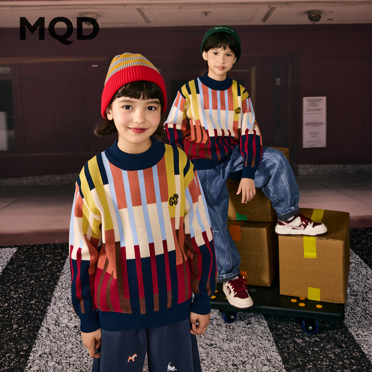 【拜年服】MQD男童25冬新款满版撞色条纹复古半高领毛衣9654W0783