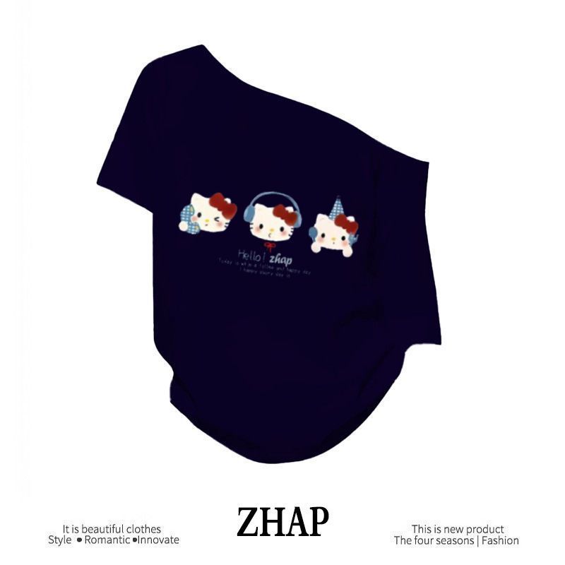 【ZHAP】新款一字肩宽松短袖t恤女藏青色通勤休闲盐系多巴胺穿搭