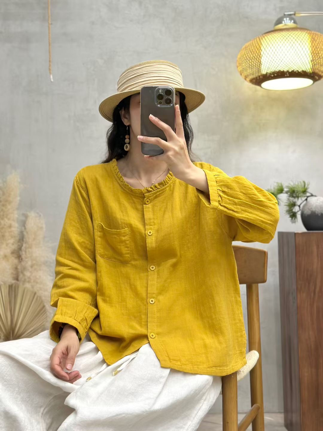 早秋必备木耳边领拼接单排扣休闲棉纱衬衣女简约纯色时尚百搭上衣