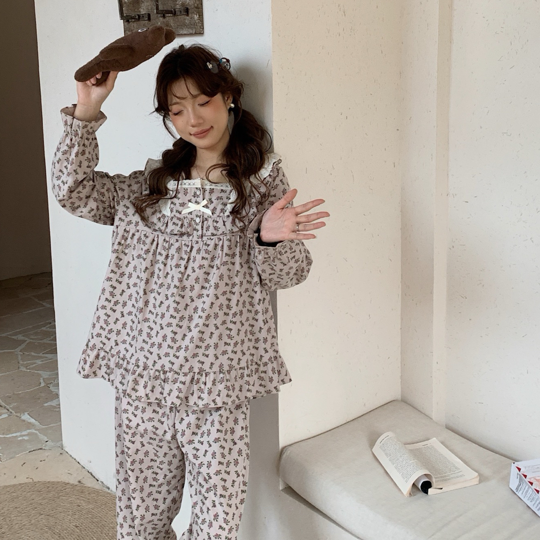 2025新款女韩系新款甜美田园碎花公主风长袖裤家居套装