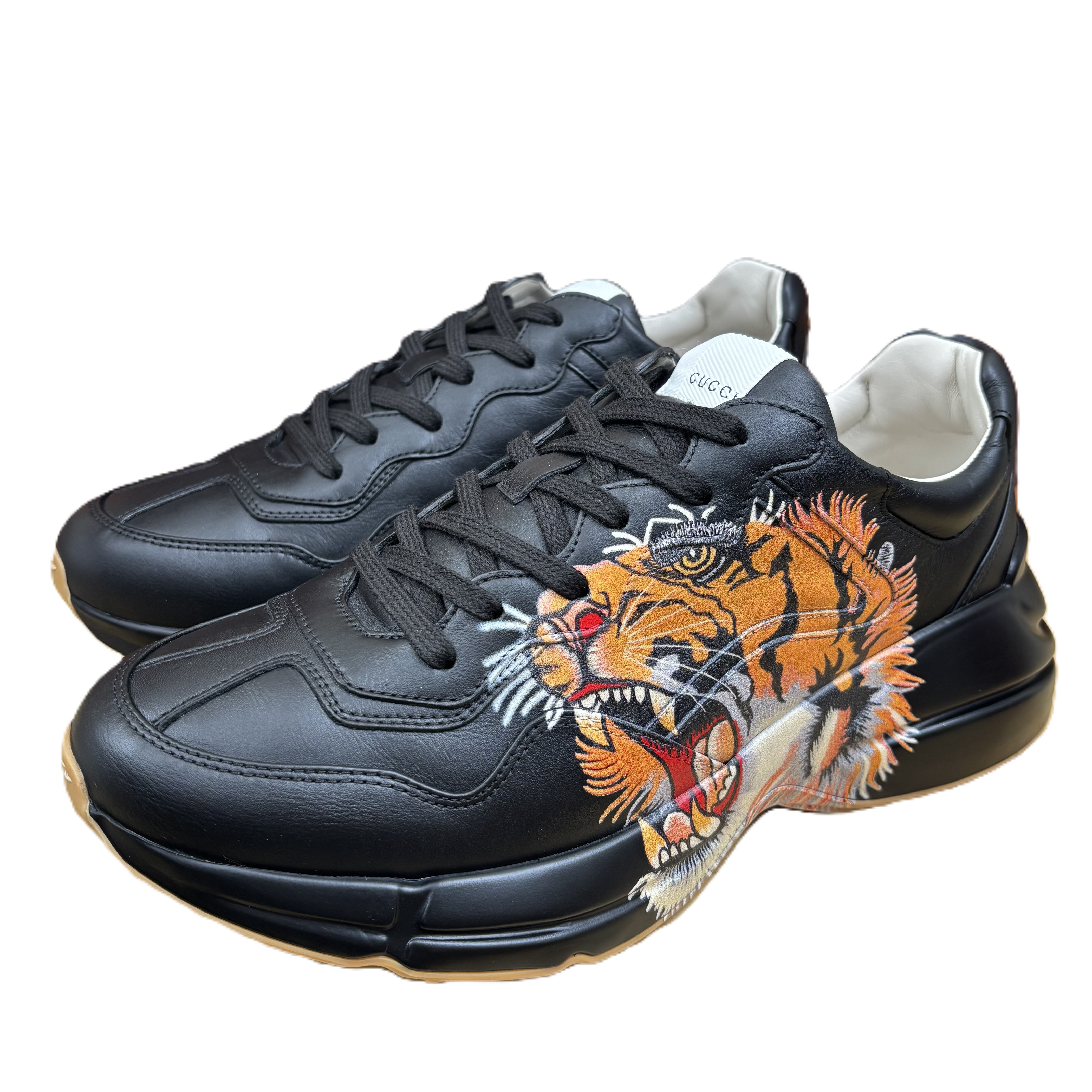未使用 GUCCI/古驰 Rhyton系列虎头印画全皮黑面时尚老爹鞋男