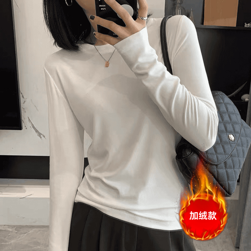 2025年秋冬新款韩版女装内搭纯色打底衫早秋白色长袖t恤显瘦上衣