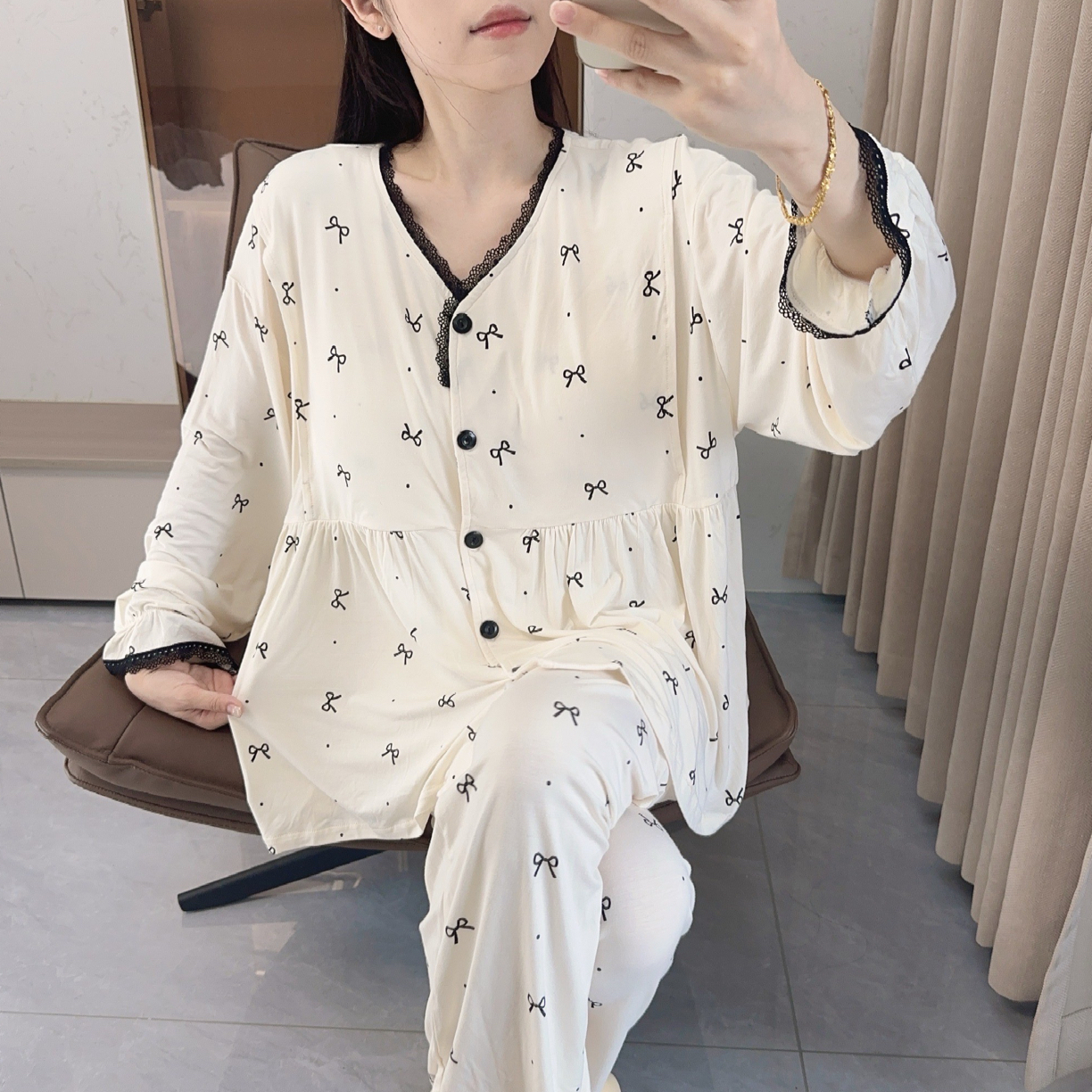 春夏季新款纯棉【带胸垫】孕妇产前产后喂奶居家月子服哺乳睡衣套装