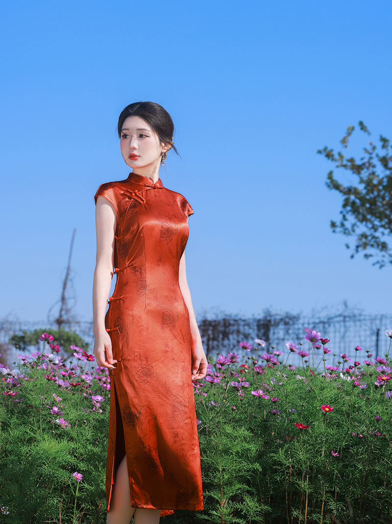 旗袍 长款 复古款（衣长约120cm）陌上花开 （C521）橘
