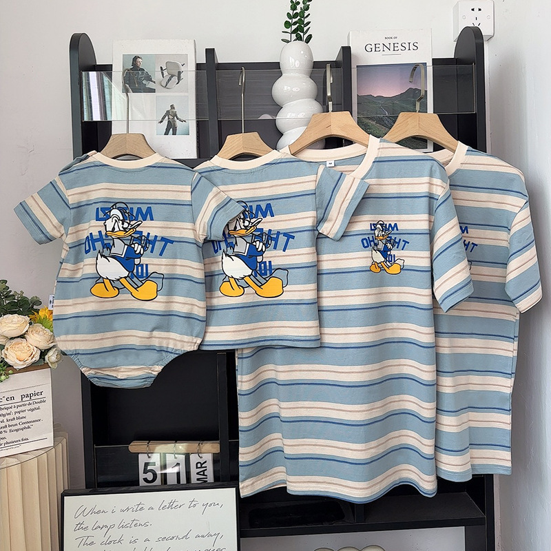 亲子装夏季短袖t恤一家三口条纹婴儿爬服纯棉卡通洋气夏天母女装