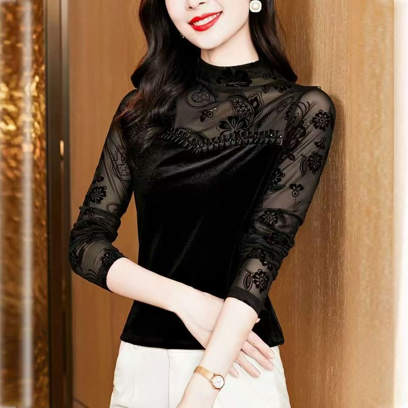 2025秋季半高领网纱钉珠时尚拼接丝绒百搭打底衫女长袖新款T恤