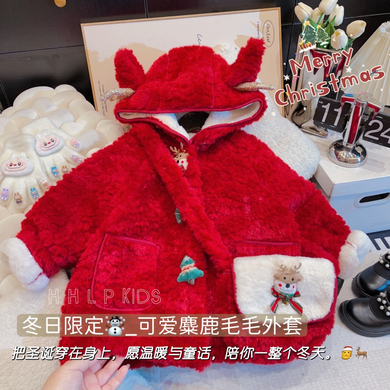 女童圣诞外套2025新款儿童洋气加绒加厚冬季宝宝羊羔绒冬装EWT271