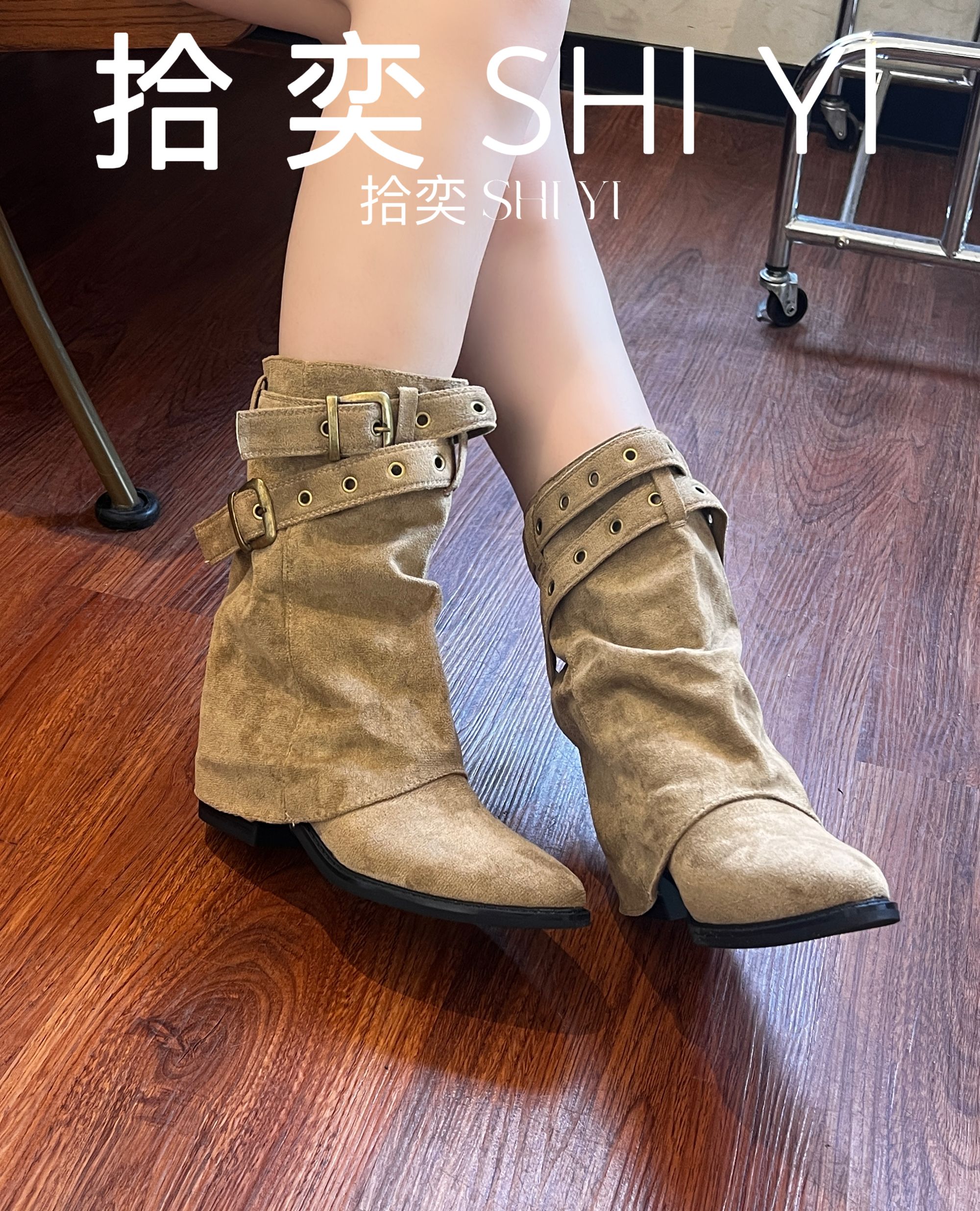 御姐辣妹新款2025秋冬款皮带裤管靴短靴女百搭小众设计粗跟西部靴