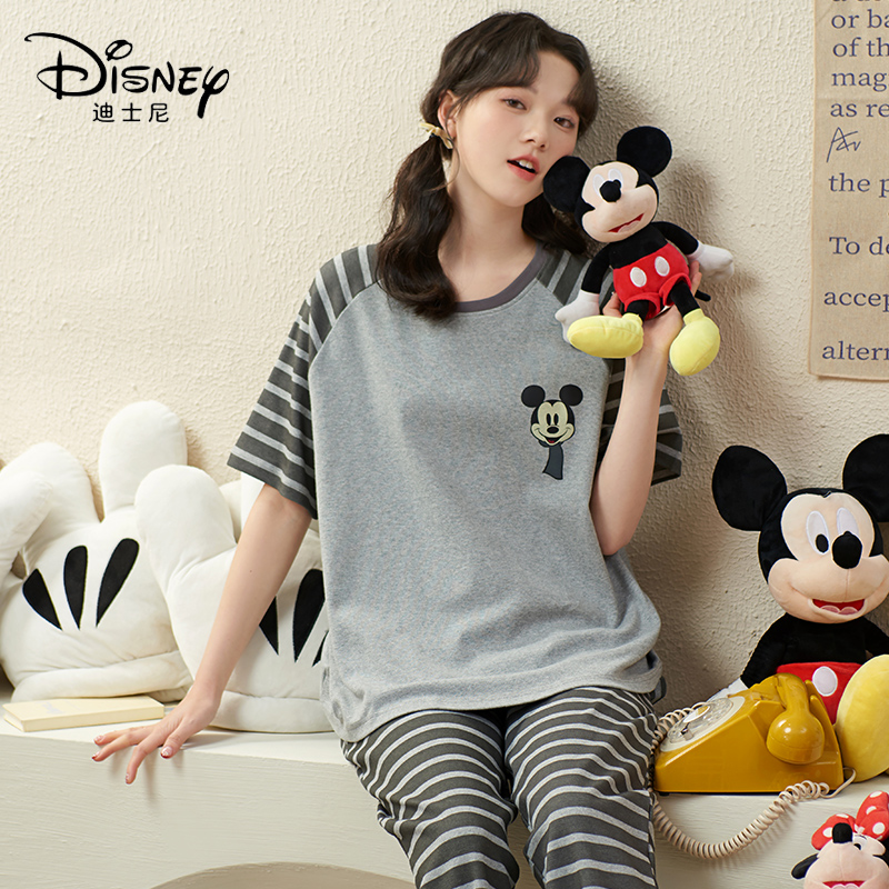Disney/迪士尼新款女套头短袖长裤睡衣带胸垫休闲家居服套装0004